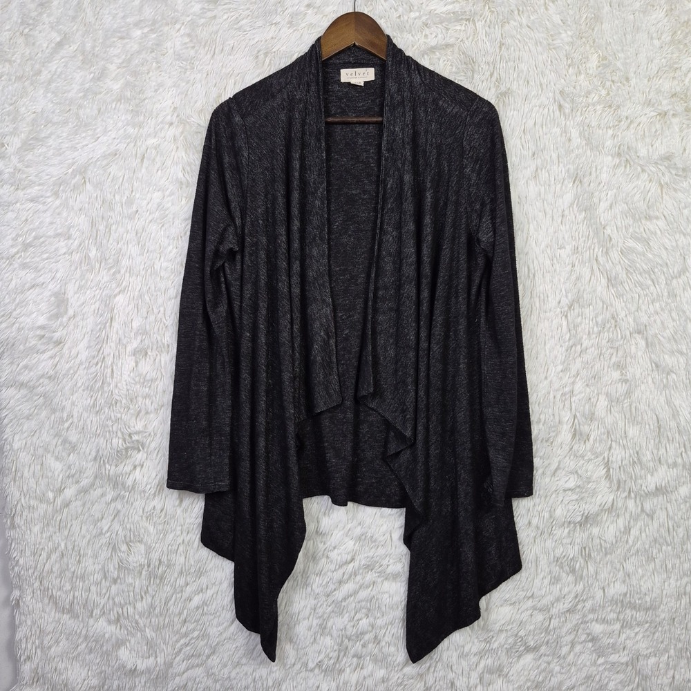 Velvet by Graham & Spencer Charcoal Black Draped Waterfall Cardigan S Pocketed